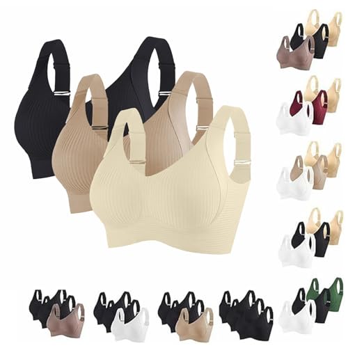 3er Pack Sport BH Damen Ohne Bügel Push Up BH Große Größen Bequemer Starker Hal Nahtlose Unterwäsche Bügelloser BHS Vollschalen Crop Top Soft Bra Klassische Spaghettiträger Bra von BlzzWo