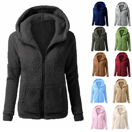 BlzzWo Fleecejacke Damen Winter Teddyjacke Herbst Winterjacke Warme Plüschjacke mit Kapuze Übergangsjacke ReißVerschluss Kapuzenpullover mit Taschen Wintermantel Lässig Tolle Kapuzenjacke (S-5XL) von BlzzWo