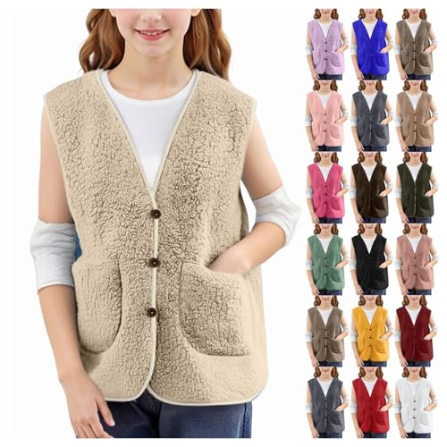 BlzzWo Fleeceweste Kinder Weste Jungen Mädchen Winter Warme Teddyweste Ärmellos Fleecejacke Einfarbig Leichte Weste Winterjacke Lockeres Outdoor übergangsjacke Plüschweste mit Tasche (5-14 Jahre) von BlzzWo