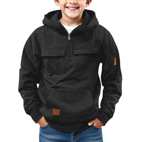 BlzzWo Hoodie Jungen Half Zipper Hoodie Sportbekleidung Kinder Warm Sweatshirt mit Kapuze Einfarbige Kapuzenpullover Langarm Hoodies mit Tasche Casual Sport Outwear Kapuzenpulli (4-17 Jahre) von BlzzWo