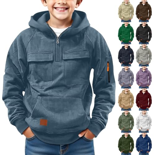 BlzzWo Hoodie Jungen Half Zipper Hoodie Sportbekleidung Kinder Warm Sweatshirt mit Kapuze Einfarbige Kapuzenpullover Langarm Hoodies mit Tasche Casual Sport Outwear Kapuzenpulli (4-17 Jahre) von BlzzWo