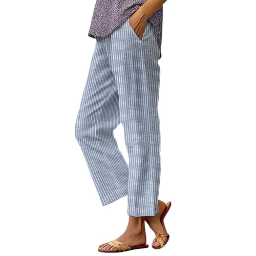 BlzzWo Leinenhose Damen Lang Sommer Musselin Baumwolle Leinen Stoffhose Casual Elegant Gestreift Freizeithose Gerades Bein Strandhose Frauen Weite Leg Hose Leicht Sommerhose Locker Hosen von BlzzWo