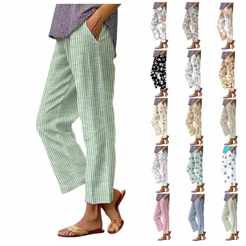 BlzzWo Leinenhose Damen Lang Sommer Musselin Baumwolle Leinen Stoffhose Casual Elegant Gestreift Freizeithose Gerades Bein Strandhose Frauen Weite Leg Hose Leicht Sommerhose Locker Hosen von BlzzWo