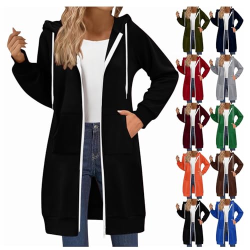 BlzzWo Sweatjacke Damen Lang Zipper Hoodie mit Kapuze Oversized Kapuzenjacke Jacke Herbst Winter Einfarbig Kapuzenpullover Strickjacke mit Taschen Sweatshirt Jacke Outwear von BlzzWo