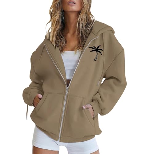 BlzzWo Sweatjacke Damen Oversize Essentials Hoodie Palm Druck Y2K Kapuzenpullover mit Taschen Zipper Sportjacke Frauen Langarm Sweatshirt-Jacke Leichte Sportjacken Casual üBergangsjacke Winterjacke von BlzzWo