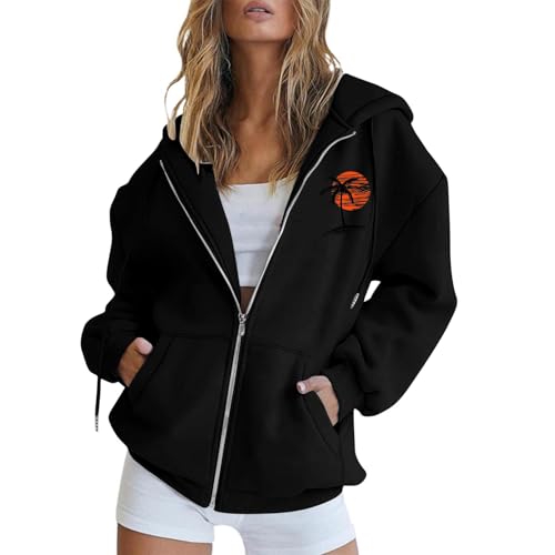 BlzzWo Sweatjacke Damen Oversize Essentials Hoodie Palm Druck Y2K Kapuzenpullover mit Taschen Zipper Sportjacke Frauen Langarm Sweatshirt-Jacke Leichte Sportjacken Casual üBergangsjacke Winterjacke von BlzzWo