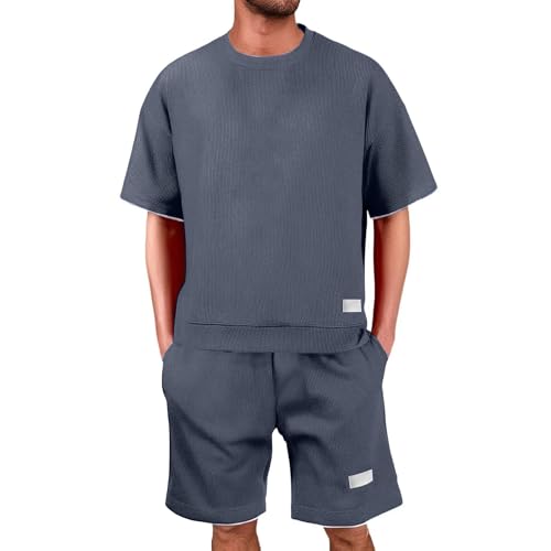 BlzzWo Trainingsanzug Herren Waffle Jogginganzug 2-Teiliges Baggy Freizeitanzug Kurzarm Tshirt + Kurze Jogginghose Sets Casual Sommeranzug Fitness Sportanzug Y2K Tracksuit FüR MäNner Sommer Outfit von BlzzWo