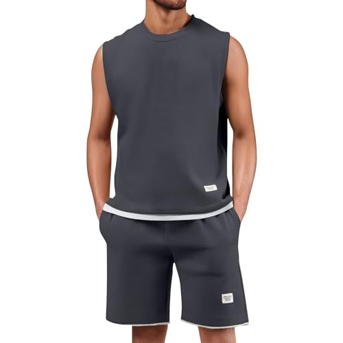 BlzzWo Trainingsanzug Herren Waffle Jogginganzug 2-Teiliges Baggy Freizeitanzug Tank Top + Kurze Jogginghose Sets Casual Sommeranzug Fitness Sportanzug Y2K Tracksuit für Männer Sommer Outfit von BlzzWo