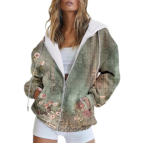 BlzzWo Zipper Hoodie Cordjacke Damen Gradienten Druck Casual Langarm Jacke Nette Kordelzug Essentials Hoodie Zip Frauen mit Kapuze Sweatshirt Dünne Sommerjacke Hoody übergangsjacke Kapuzenpullover von BlzzWo