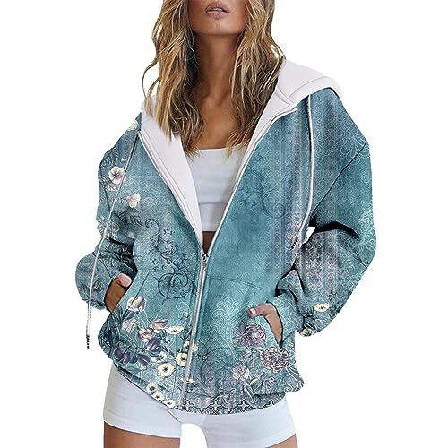 BlzzWo Zipper Hoodie Cordjacke Damen Gradienten Druck Casual Langarm Jacke Nette Kordelzug Essentials Hoodie Zip Frauen mit Kapuze Sweatshirt Dünne Sommerjacke Hoody übergangsjacke Kapuzenpullover von BlzzWo