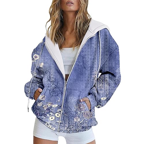 BlzzWo Zipper Hoodie Cordjacke Damen Gradienten Druck Casual Langarm Jacke Nette Kordelzug Essentials Hoodie Zip Frauen mit Kapuze Sweatshirt Dünne Sommerjacke Hoody übergangsjacke Kapuzenpullover von BlzzWo
