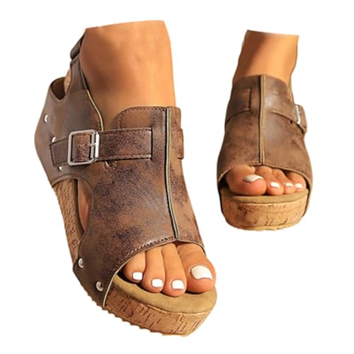 Damen Sandalen mit Absatz Bequem Geschlossene Sandalen Damen Pumps Blockabsatz Schuhe Keilsandalen Vintage-Ledersandale Rutschfeste women sale (braun, 36) von BlzzWo