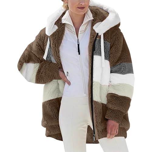 Fleecejacke Damen Winter Teddyjacke Herbst Winterjacke Warme Plüschjacke mit Kapuze Teddyfleece Übergangsjacke ReißVerschluss Kapuzenpullover mit Taschen Wintermantel Lässig Kapuzenjacke (S-5XL) von BlzzWo