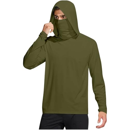 Herren Langarm Rashguard Kapuzenpullover UV Shirt mit Maske Leichtes Sport Shirts Atmungsaktive Sonnenschutz T-Shirt mit Kapuze Strandshirt für Surfen Running Strand Angeln Outdoor von BlzzWo