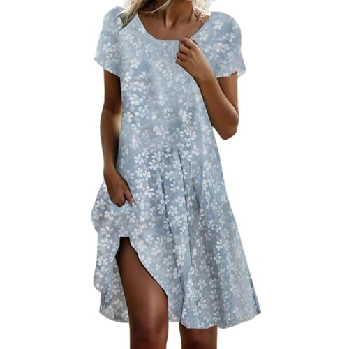 Kleid A Linie Damen Sommerkleid Damen Knielang Elegant Kurzärmeliges Boho-Kleid für Fraue In übergröße Lässig Lockere Passform Sommerkleid Sale Damenbekleidung (Blau, 4XL) von BlzzWo