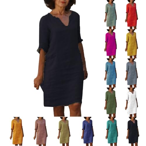 Leinenkleid Damen Sommer V-Ausschnitt 3/4 Ärmel Sommerkleid Leicht Und Luftig Knielang Leinenkleider Casual Blusenkleid Freizeitkleid Strandkleide A-Linie Kleid Leinen Kleidung von BlzzWo
