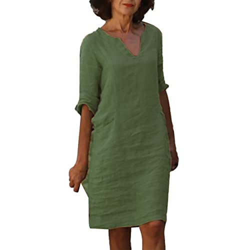Leinenkleid Damen Sommer V-Ausschnitt 3/4 Ärmel Sommerkleid Leicht Und Luftig Knielang Leinenkleider Casual Blusenkleid Freizeitkleid Strandkleide A-Linie Kleid Leinen Kleidung von BlzzWo