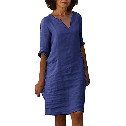 Leinenkleid Damen Sommer V-Ausschnitt 3/4 Ärmel Sommerkleid Leicht Und Luftig Knielang Leinenkleider Casual Blusenkleid Freizeitkleid Strandkleide A-Linie Kleid Leinen Kleidung von BlzzWo
