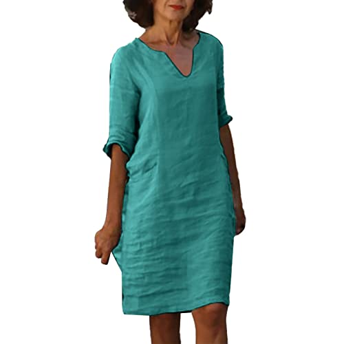 Leinenkleid Damen Sommer V-Ausschnitt 3/4 Ärmel Sommerkleid Leicht Und Luftig Knielang Leinenkleider Casual Blusenkleid Freizeitkleid Strandkleide A-Linie Kleid Leinen Kleidung von BlzzWo