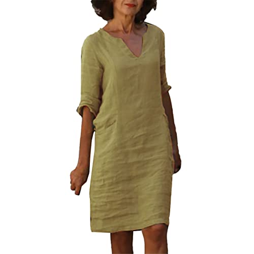 Leinenkleid Damen Sommer V-Ausschnitt 3/4 Ärmel Sommerkleid Leicht Und Luftig Knielang Leinenkleider Casual Blusenkleid Freizeitkleid Strandkleide A-Linie Kleid Leinen Kleidung von BlzzWo