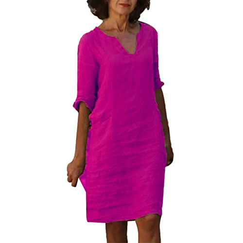 Leinenkleid Damen Sommer V-Ausschnitt 3/4 Ärmel Sommerkleid Leicht Und Luftig Knielang Leinenkleider Casual Blusenkleid Freizeitkleid Strandkleide A-Linie Kleid Leinen Kleidung von BlzzWo