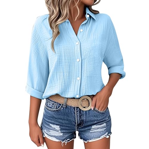 Musselin Bluse Damen 3/4 Arm Elegant Shirts Sommer Bluse Damen Leinenbluse Knopf Bluse Lange Oversized Leinen Hemd Hemdbluse Casual für Leggings Sommerblusen Leicht und Luftig（S-5XL von BlzzWo