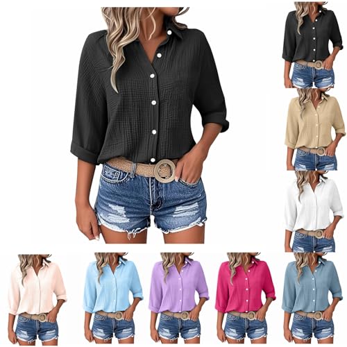 Musselin Bluse Damen 3/4 Arm Elegant Shirts Sommer Bluse Damen Leinenbluse Knopf Bluse Lange Oversized Leinen Hemd Hemdbluse Casual für Leggings Sommerblusen Leicht und Luftig（S-5XL von BlzzWo
