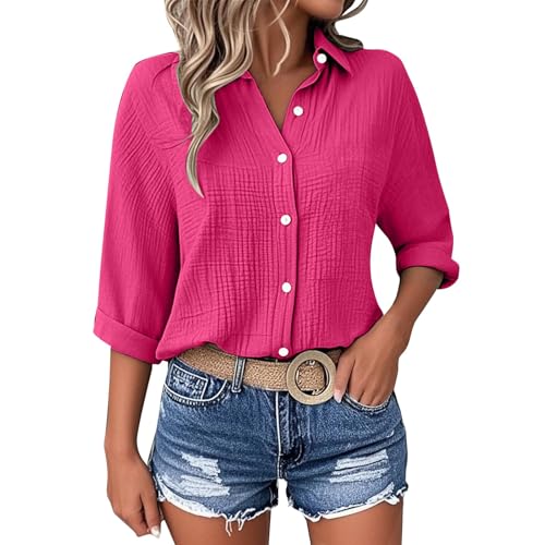 Musselin Bluse Damen 3/4 Arm Elegant Shirts Sommer Bluse Damen Leinenbluse Knopf Bluse Lange Oversized Leinen Hemd Hemdbluse Casual für Leggings Sommerblusen Leicht und Luftig（S-5XL von BlzzWo