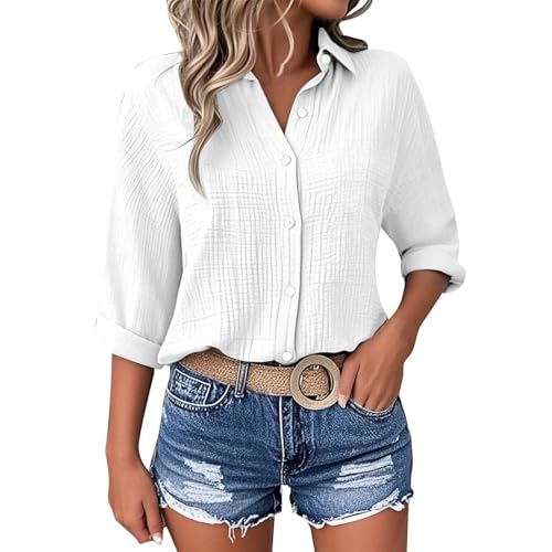 Musselin Bluse Damen 3/4 Arm Elegant Shirts Sommer Bluse Damen Leinenbluse Knopf Bluse Lange Oversized Leinen Hemd Hemdbluse Casual für Leggings Sommerblusen Leicht und Luftig（S-5XL von BlzzWo