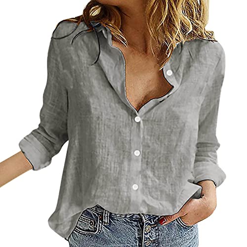 Musselin Bluse Damen Leinenhemd Einfarbig Große Größen Einreihiges Hemd Langarm Hemden Casual V-Ausschnitt Hemdbluse Bequeme Blusenshirt Locker Oberteile Urlaub Strand Tunika Tops Blusen von BlzzWo
