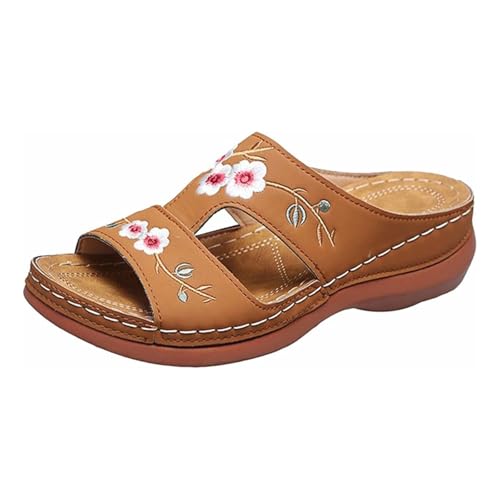 Orthopädische Sandalen Damen Hausschuhe Sommer Bequeme Vintage Sommerschuhe Blumenstickerei Schlappen Peep Toe Hausschuhe Keil Pu-Leder Pantoffeln Gummi Plateau Pantoffeln Freizeit Strandschuhe von BlzzWo