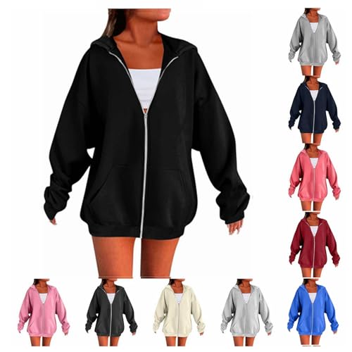 Sweatjacke Damen Hoodie Damen Oversize Full Zipper Hoodie Kapuzenjacke Einfarbig Herbst Winterjacke Lang Casual Sweatshirt mit Kapuze Kapuzenjacke übergangsjacke College Kapuzenpullover Freizeitjacke von BlzzWo