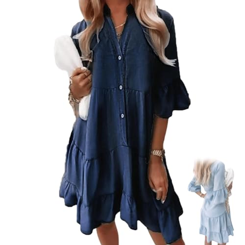 BnMvF V-Ausschnitt Rüschen Sommerkleid - Leichtes Baumwollkleid im Denim-Look, lässiges Halbarm-Outfit für Frauen (L,Dunkelblau) von BnMvF