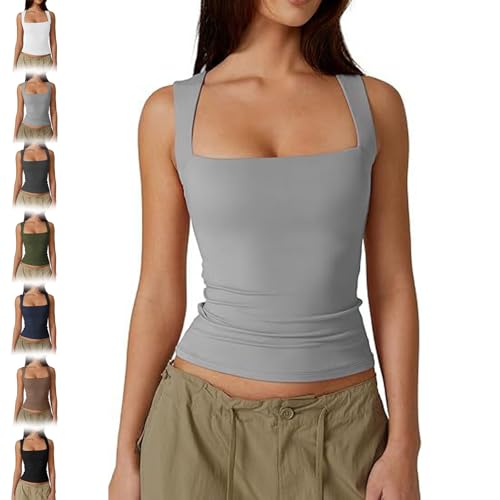 BnMvF Women 's Square Neck Tank Top - Snatched Slim Fit Sleeveless Shirt, Double-Layered Stretchy Summer Top (S,Hellgrau) von BnMvF