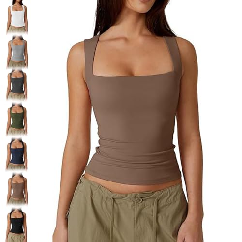 BnMvF Women 's Square Neck Tank Top - Snatched Slim Fit Sleeveless Shirt, Double-Layered Stretchy Summer Top (S,Kaffee) von BnMvF