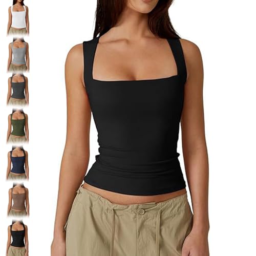 BnMvF Women 's Square Neck Tank Top - Snatched Slim Fit Sleeveless Shirt, Double-Layered Stretchy Summer Top (XL,Schwarz) von BnMvF