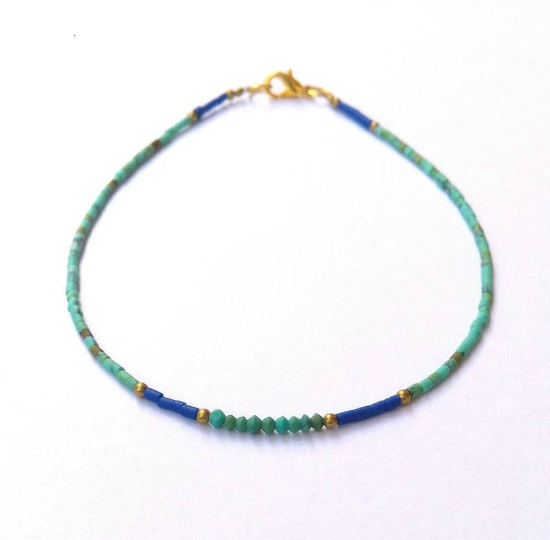 Afghan Natürlicher Türkis & Lapis Lazuli Winzigen Samen Tube Rohr Perlen Zierliche Fußkettchen Ankle Armband Edelstein Schmuck Messing, 925 von BnhStone