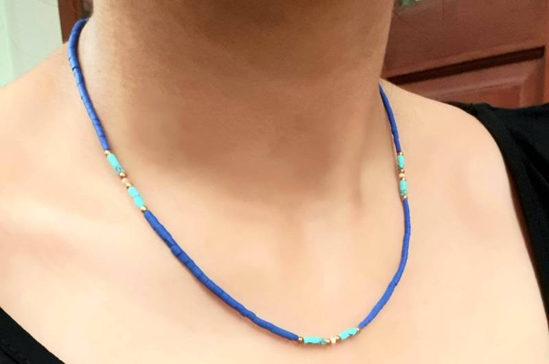 Lapis Lazuli, Türkis & Rhodochrosit Winzigen Samen Zylinder Perlen Minimalist Zierliche Halskette Edelstein Schmuck Messing, Sterling Silber von BnhStone