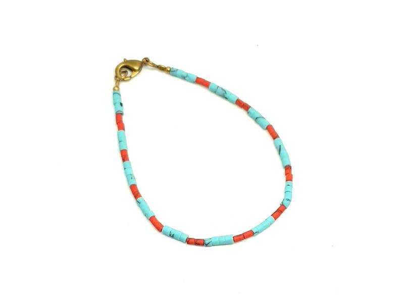 Türkis Und Koralle Winzigen Samen Zylinder Rohr Perle Armband Messing, Sterling Silber Minimalist Schmuck Handgemachtes Geschenk Für Sie von BnhStone