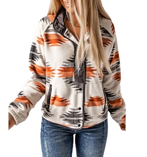 Bnigung Damen Fleecejacke Vintage Azteken-Druck Snap Button Down Casual Langarm Shacket Mäntel Hemd mit Taschen, GRAU, S von Bnigung