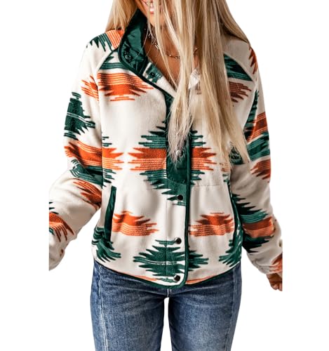 Bnigung Damen Fleecejacke Vintage Azteken-Druck Snap Button Down Casual Langarm Shacket Mäntel Hemd mit Taschen, Grün , S von Bnigung