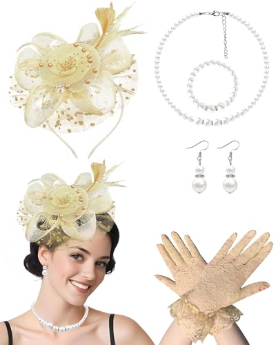 Fascinator-Hut für Damen, Teeparty, Schleier, Netz-Stirnband, Federhut, Spitzen-Handschuhe, Perlenschmuck-Set für 1920er-Jahre-Party, 5 Stück, 1a-Aprikosen-Set, Einheitsgröße von Bniksok