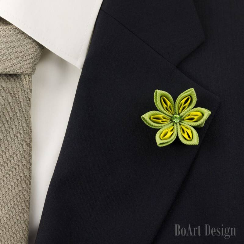 Armee Grün/Gelb Kanzashi Blume Anstecknadel Mit Swarovski Peridot Kristall/Anstecknadel/Anstecknadel Blume/Herren Blume/Hochzeit von BoArtDesign