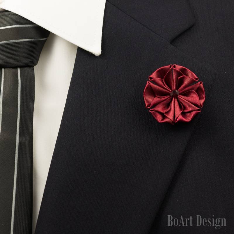 Bordeaux-Kanzashi Blume-Anstecknadel Mit Swarovski Siam Kristall/Revers Pin/Revers Blume/Herren Revers Blume/Hochzeit Zubehör/Brosche von BoArtDesign