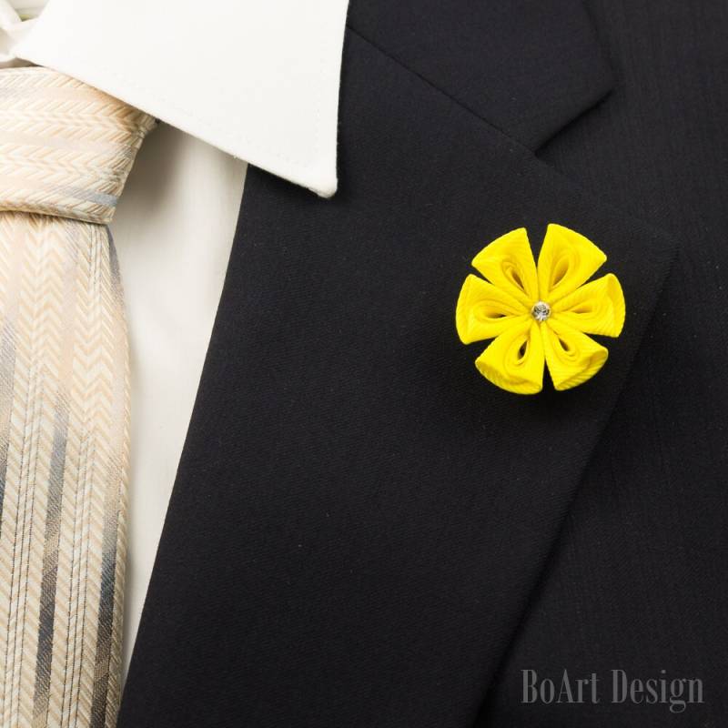 Gelbe Kanzashi Blume Anstecknadel Mit Klaren Swarovski Kristall/Revers Pin/Revers Blume/Herren Revers Blume/Hochzeit Zubehör/Brosche von BoArtDesign