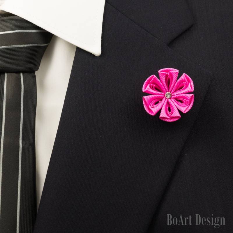 Klar, Tief Rosa Kanzashi Blume Anstecknadel Mit Swarovski Kristall/Revers Pin/Revers Blume/Herren Revers Blume/Hochzeit Zubehör/Brosche von BoArtDesign