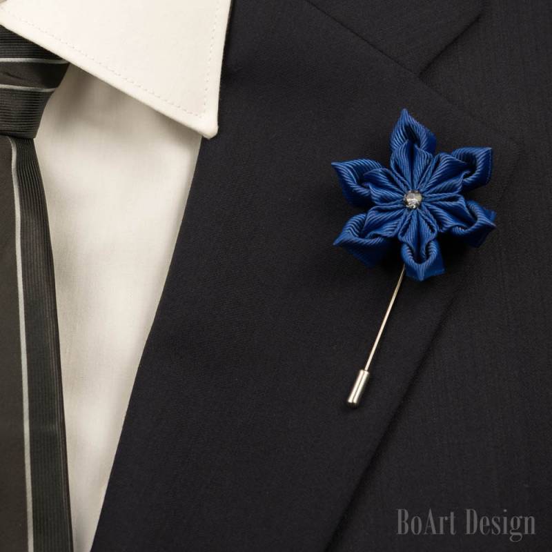 Navy Blau Kanzashi Revers Stick Pin Mit Swarovski Silver Night Crysta/Revers Blume/Männer Blume/Hochzeit Accessoires/Brosche von BoArtDesign