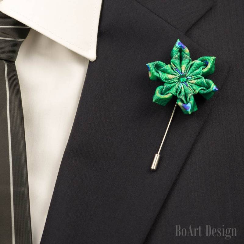 Pfau Inspiriert Kanzashi Stick Anstecknadel Mit Swarovski Smaragd Kristall/Grün Pin/Revers Blume/Männer Revers Blume/Hochzeit Zubehör/Brosche von BoArtDesign