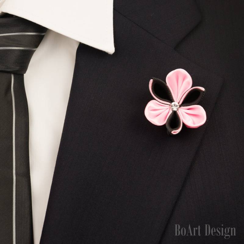 Pink & Schwarz Kanzashi Blume Anstecknadel Mit Swarovski Silber Nacht Kristall/Revers Pin/Revers Blume/Herren Revers Blume/Hochzeit Zubehör/Brosche von BoArtDesign