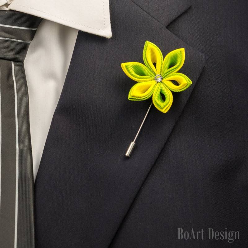 Revers Pin/Gelb & Grün/Kanzashi Blume Am Pin/Swarovski Kristall/Revers Blume/Herren Blume/Hochzeit Zubehör/Brosche von BoArtDesign